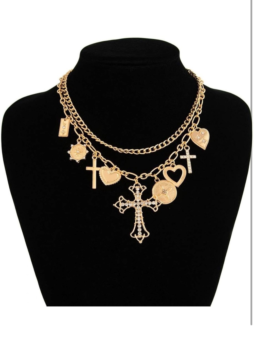 Anthropologie Gold Layered Charm Necklace with Crosses & Hearts - Picture 3 of 8